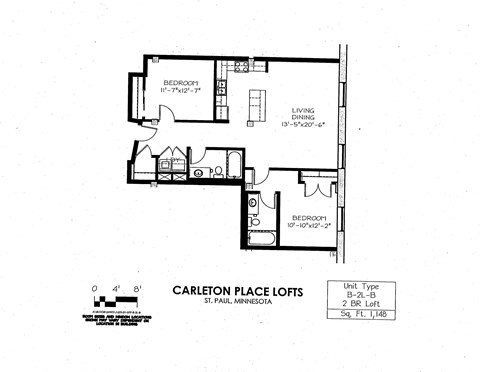 Floor plan for 2 beds, 2 baths, 1148 sqft